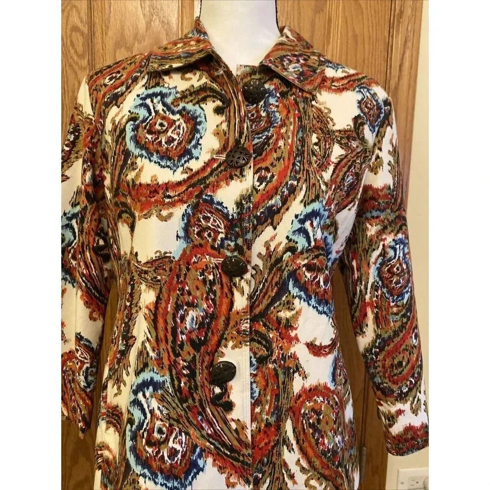 Women's Chico's Sz 1 Blazer Modern Ikat Geometric Print 3/4 Sleeve Paisley - Picture 3 of 9